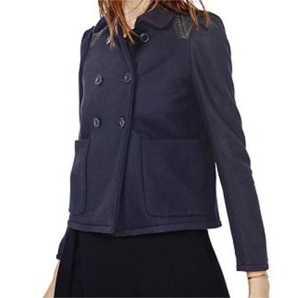 Maje Vie Navy Blue Cropped Leather Accented Pea Coat 36 - Picture 1 of 13